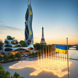 Bionic-shaped skyscraper with smooth lines and zigzags, located in Paris