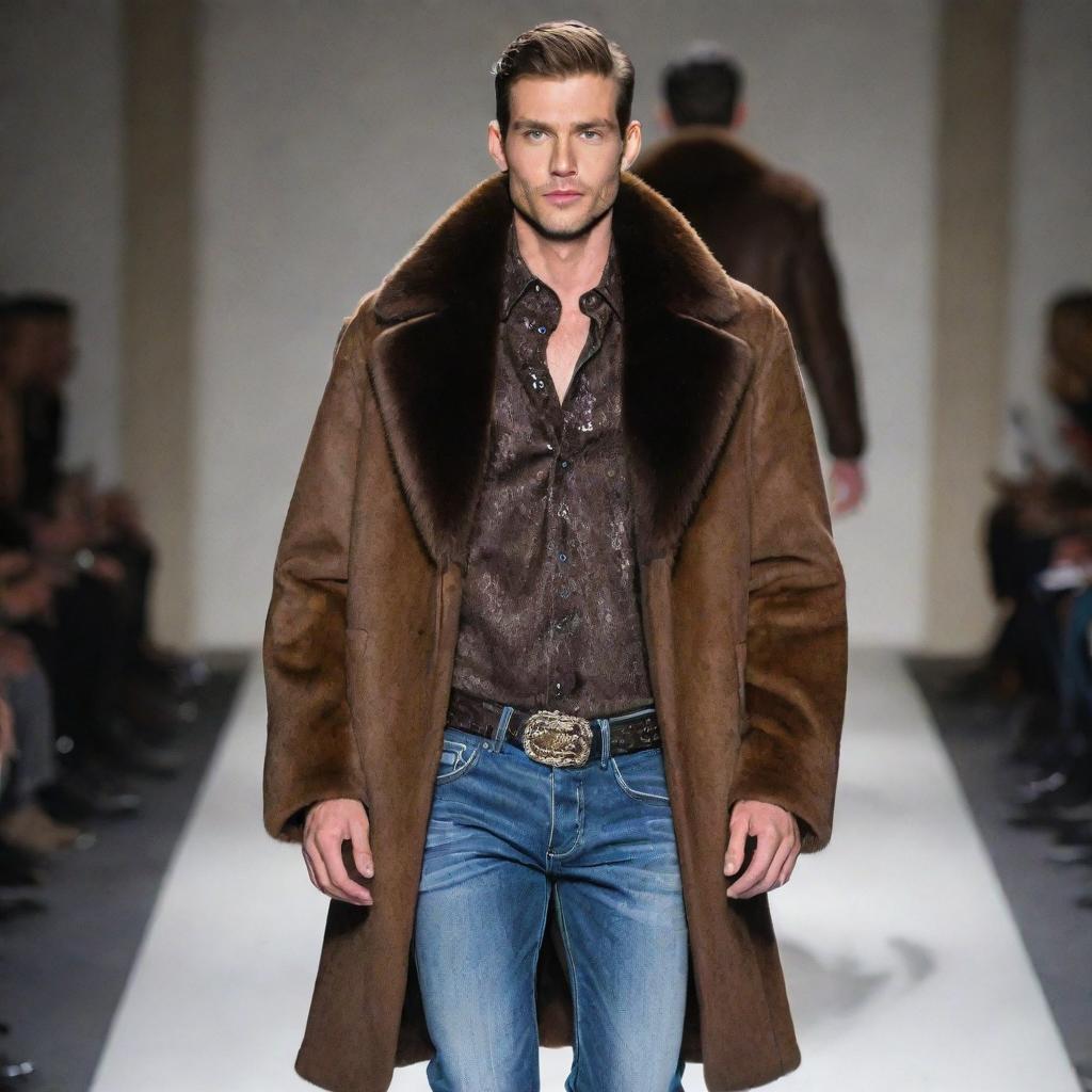 Handsome slim male model on the runway, wearing Carlos Cordova couture jeans, a vision mink coat, adorned with exquisite jewelry.