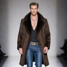 Handsome slim male model on the runway, wearing Carlos Cordova couture jeans, a vision mink coat, adorned with exquisite jewelry.