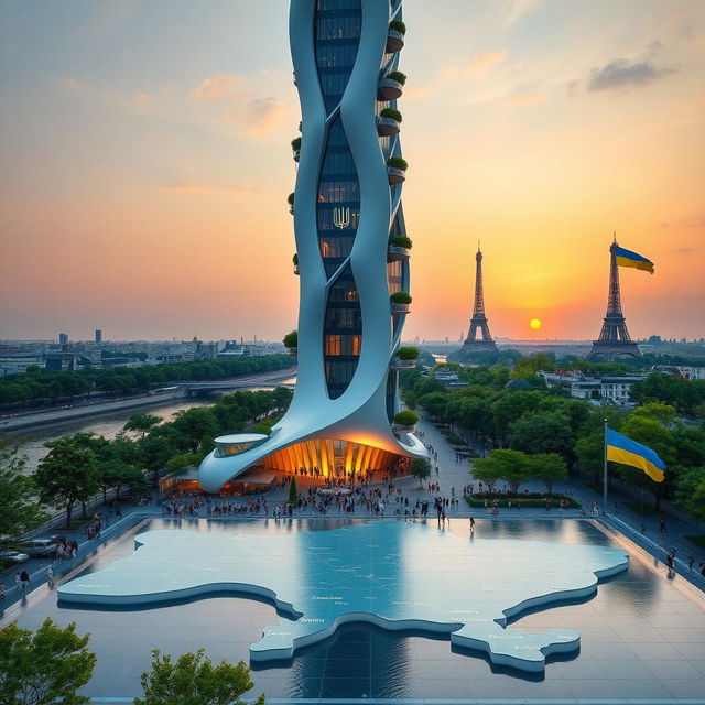 Bionic-shaped skyscraper with smooth lines and zigzags, situated in Paris