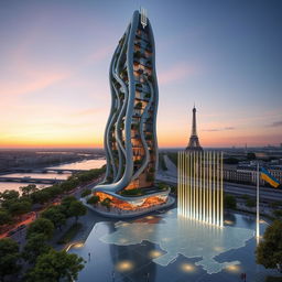 Bionic-shaped skyscraper with smooth lines and zigzags, situated in Paris