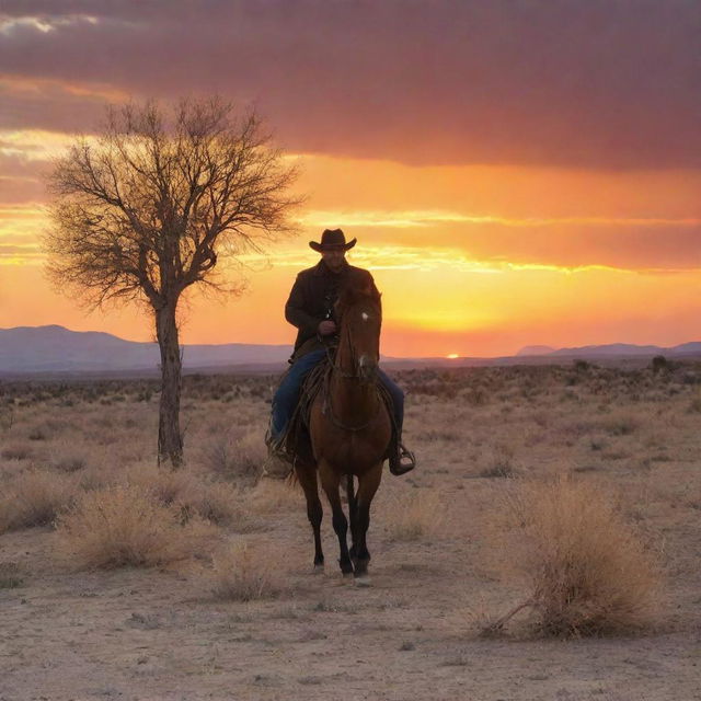 A solitary knight and gunslinger from the Old West, framed by a stunning sunset with a tumbleweed rolling by.