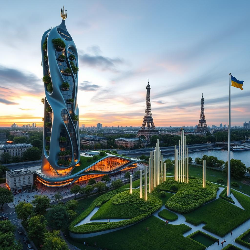 Bionic-shaped skyscraper with smooth lines and zigzags, situated in Paris