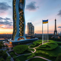 Bionic-shaped skyscraper with smooth lines and zigzags, situated in Paris