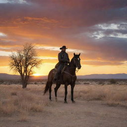 A solitary knight and gunslinger from the Old West, framed by a stunning sunset with a tumbleweed rolling by.