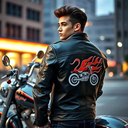 A stylish young adult biker wearing a leather jacket with a design inspired by the iconic RX King motorcycle