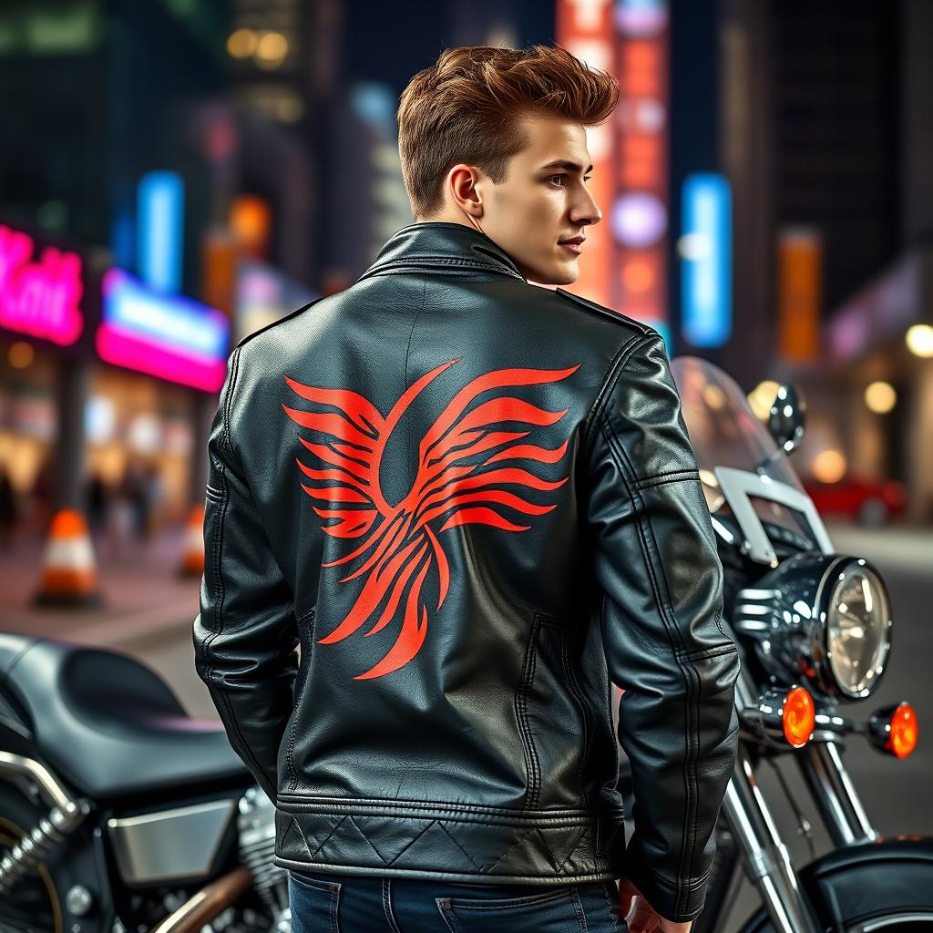 A stylish young adult biker wearing a leather jacket with a design inspired by the iconic RX King motorcycle