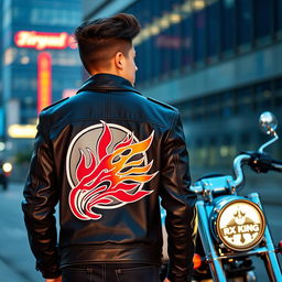 A stylish young adult biker wearing a leather jacket with a design inspired by the iconic RX King motorcycle