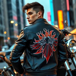 A stylish young adult biker wearing a leather jacket with a design inspired by the iconic RX King motorcycle