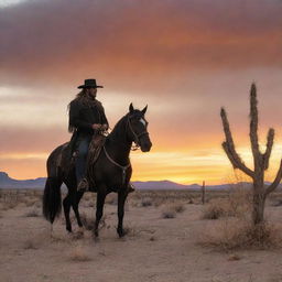 A solitary knight and gunslinger from the Old West, framed by a stunning sunset with a tumbleweed rolling by.