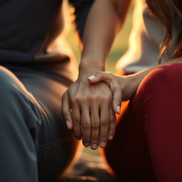 A biracial man and a young white woman sitting side by side, their hands tightly clasped together as they find solace in each other's presence, symbolizing their bond formed through shared trauma