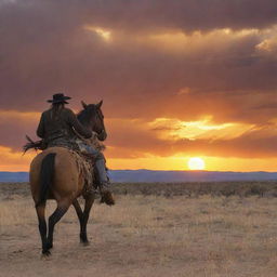 A solitary knight and gunslinger from the Old West, framed by a stunning sunset with a tumbleweed rolling by.