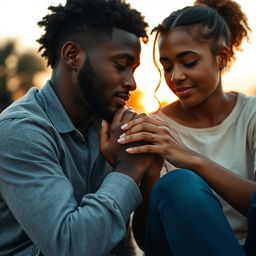 A biracial man and a young white woman sitting side by side, their hands tightly clasped together as they find solace in each other's presence, symbolizing their bond formed through shared trauma