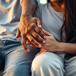 A biracial man and a young white woman sitting side by side, their hands tightly clasped together as they find solace in each other's presence, symbolizing their bond formed through shared trauma