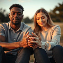 A biracial man and a young white woman sitting side by side, their hands tightly clasped together as they find solace in each other's presence, symbolizing their bond formed through shared trauma