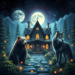 A magical fantasy scene featuring a mystical house surrounded by a bear, a cougar, and a wolf