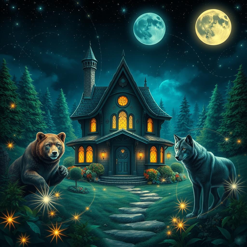 A magical fantasy scene featuring a mystical house surrounded by a bear, a cougar, and a wolf