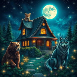 A magical fantasy scene featuring a mystical house surrounded by a bear, a cougar, and a wolf