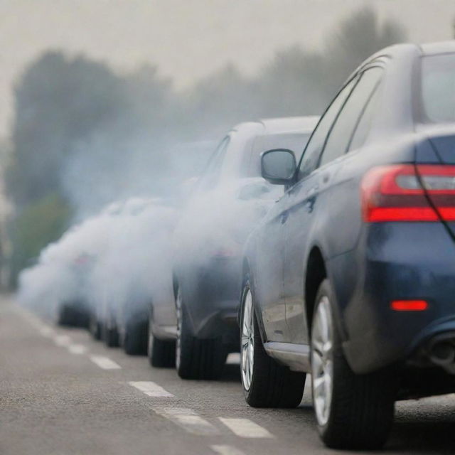 A row of various car models emitting gas from their exhausts, emphasizing pollution