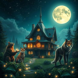 A magical fantasy scene featuring a mystical house surrounded by a bear, a cougar, and a wolf