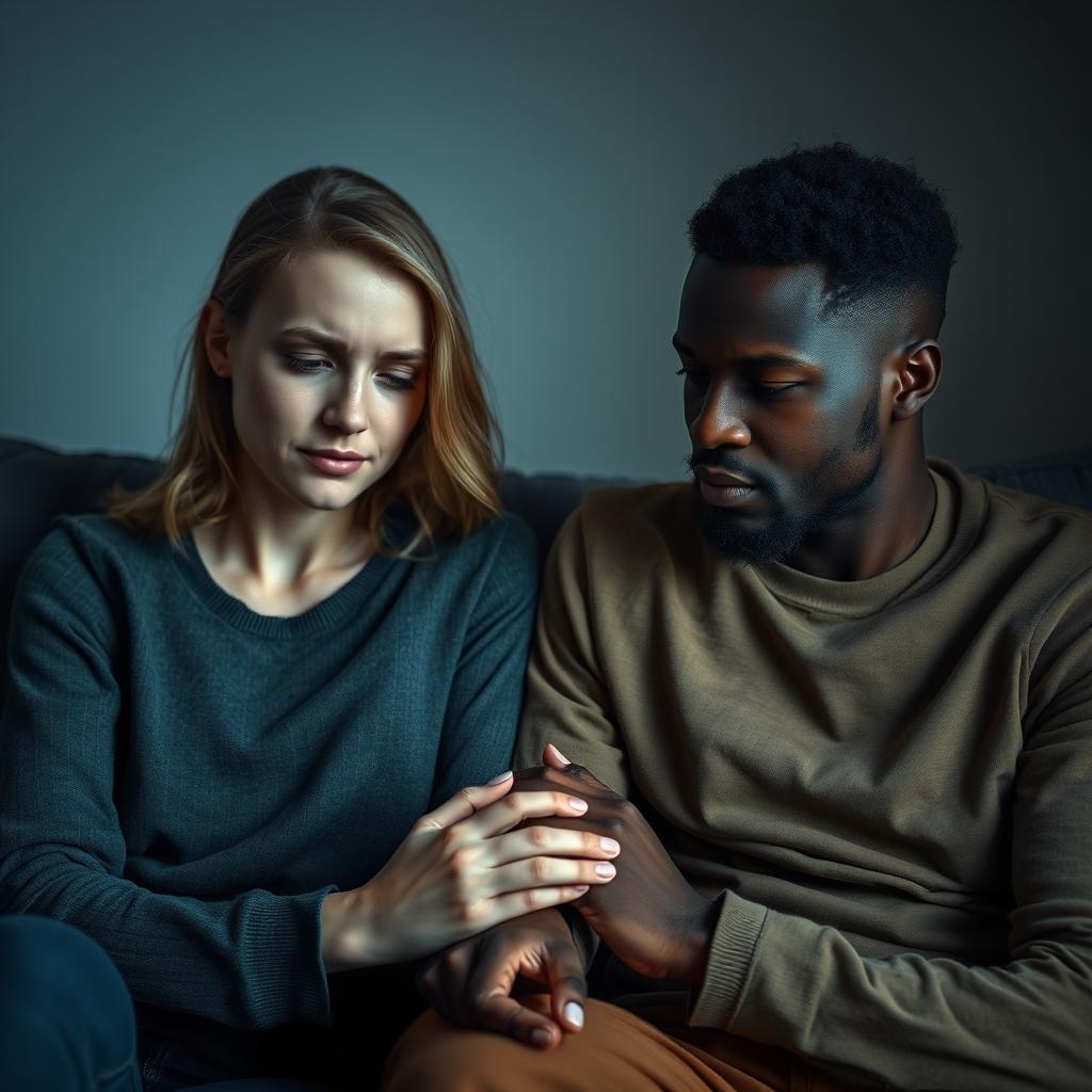 A young white woman and a biracial man sitting together in a cozy but somber room, both displaying expressions of sadness mixed with a faint glimmer of hope, embodying the complex emotions of trauma bonding after domestic abuse