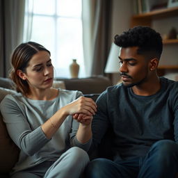 A young white woman and a biracial man sitting together in a cozy but somber room, both displaying expressions of sadness mixed with a faint glimmer of hope, embodying the complex emotions of trauma bonding after domestic abuse