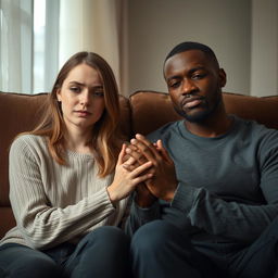 A young white woman and a biracial man sitting together in a cozy but somber room, both displaying expressions of sadness mixed with a faint glimmer of hope, embodying the complex emotions of trauma bonding after domestic abuse