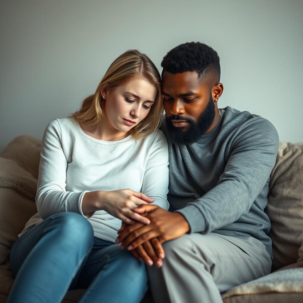 A young white woman and a biracial man sitting together in a cozy but somber room, both displaying expressions of sadness mixed with a faint glimmer of hope, embodying the complex emotions of trauma bonding after domestic abuse