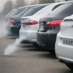 A row of various car models emitting gas from their exhausts, emphasizing pollution