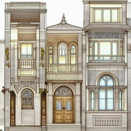 Generate an elaborate image of a house's front elevation featuring intricate architectural elements.