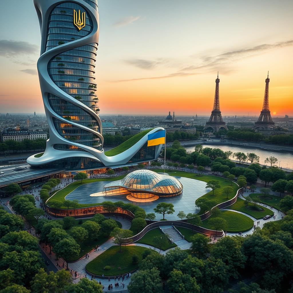 Bionic-shaped skyscraper with smooth lines and zigzags, located in Paris