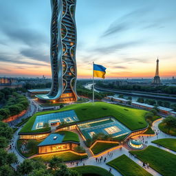 Bionic-shaped skyscraper with smooth lines and zigzags, located in Paris