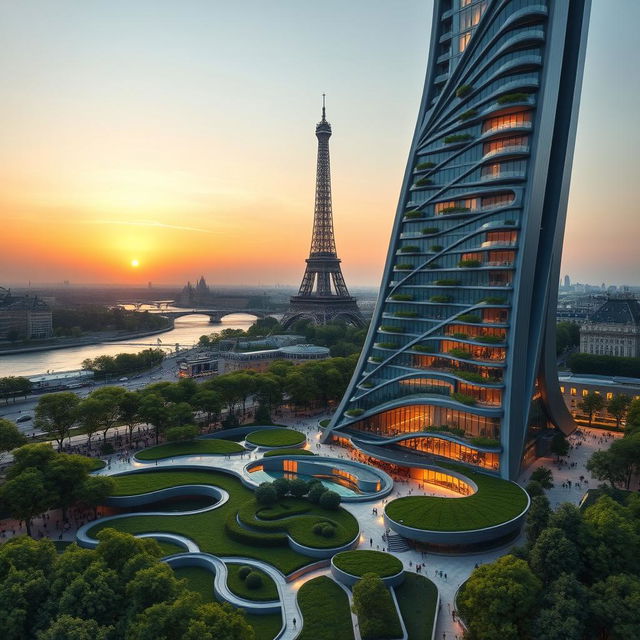 Bionic-shaped skyscraper with smooth lines and zigzags, located in Paris