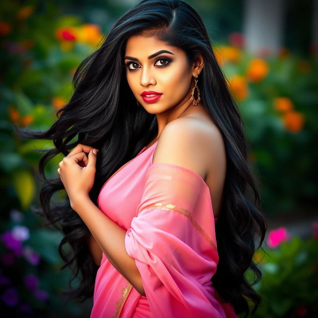 Curvy Indian woman, showcasing her alluring and confident pose, with long flowing black hair, wearing a delicate pink sari that elegantly highlights her curves