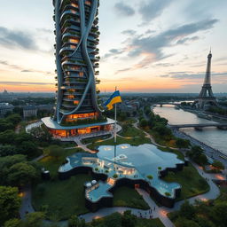 Bionic-shaped skyscraper with smooth lines and zigzags, located in Paris