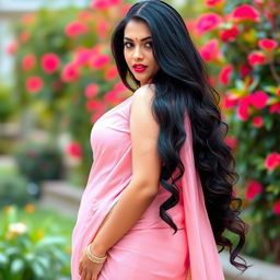 Curvy Indian woman, showcasing her alluring and confident pose, with long flowing black hair, wearing a delicate pink sari that elegantly highlights her curves