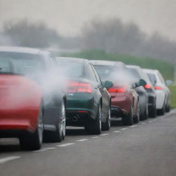 A row of various car models emitting gas from their exhausts, emphasizing pollution