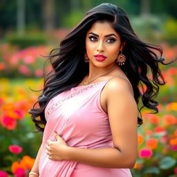 Curvy Indian woman, showcasing her alluring and confident pose, with long flowing black hair, wearing a delicate pink sari that elegantly highlights her curves