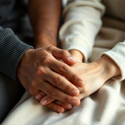 A close-up shot focusing on the hands of a biracial man and a white woman, clasped together in a gentle yet firm grip, symbolizing unity and support