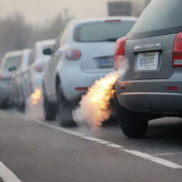 A row of various car models emitting gas from their exhausts, emphasizing pollution