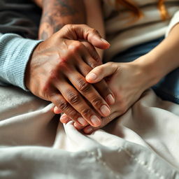 A close-up shot focusing on the hands of a biracial man and a white woman, clasped together in a gentle yet firm grip, symbolizing unity and support