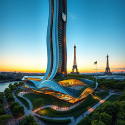 A bionic-shaped skyscraper exhibiting smooth lines and zigzags, located in Paris