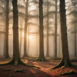 A beautiful mystic forest with towering old trees, bathed in the soft light of a setting sun