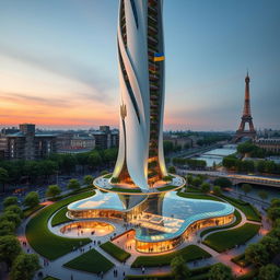 A bionic-shaped skyscraper exhibiting smooth lines and zigzags, located in Paris