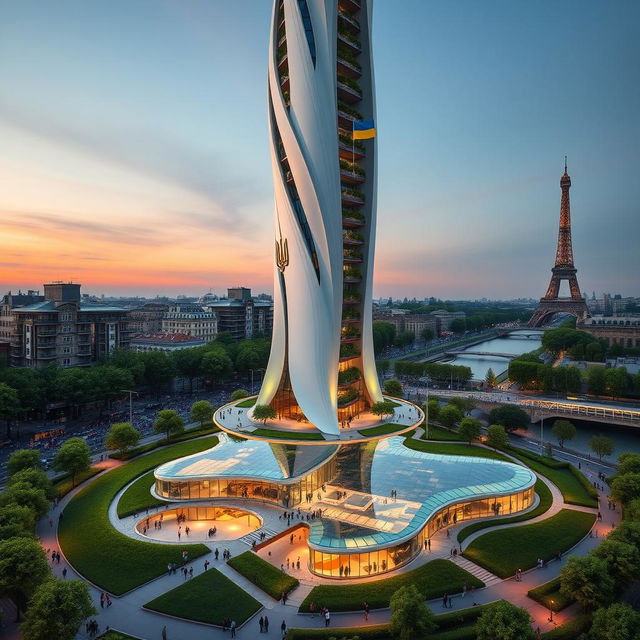 A bionic-shaped skyscraper exhibiting smooth lines and zigzags, located in Paris