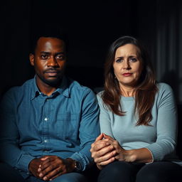 A poignant image of a biracial man and a white woman sitting in a dimly lit room, their hands held together, conveying a deep emotional connection