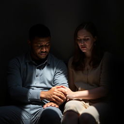 A poignant image of a biracial man and a white woman sitting in a dimly lit room, their hands held together, conveying a deep emotional connection