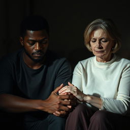 A poignant image of a biracial man and a white woman sitting in a dimly lit room, their hands held together, conveying a deep emotional connection