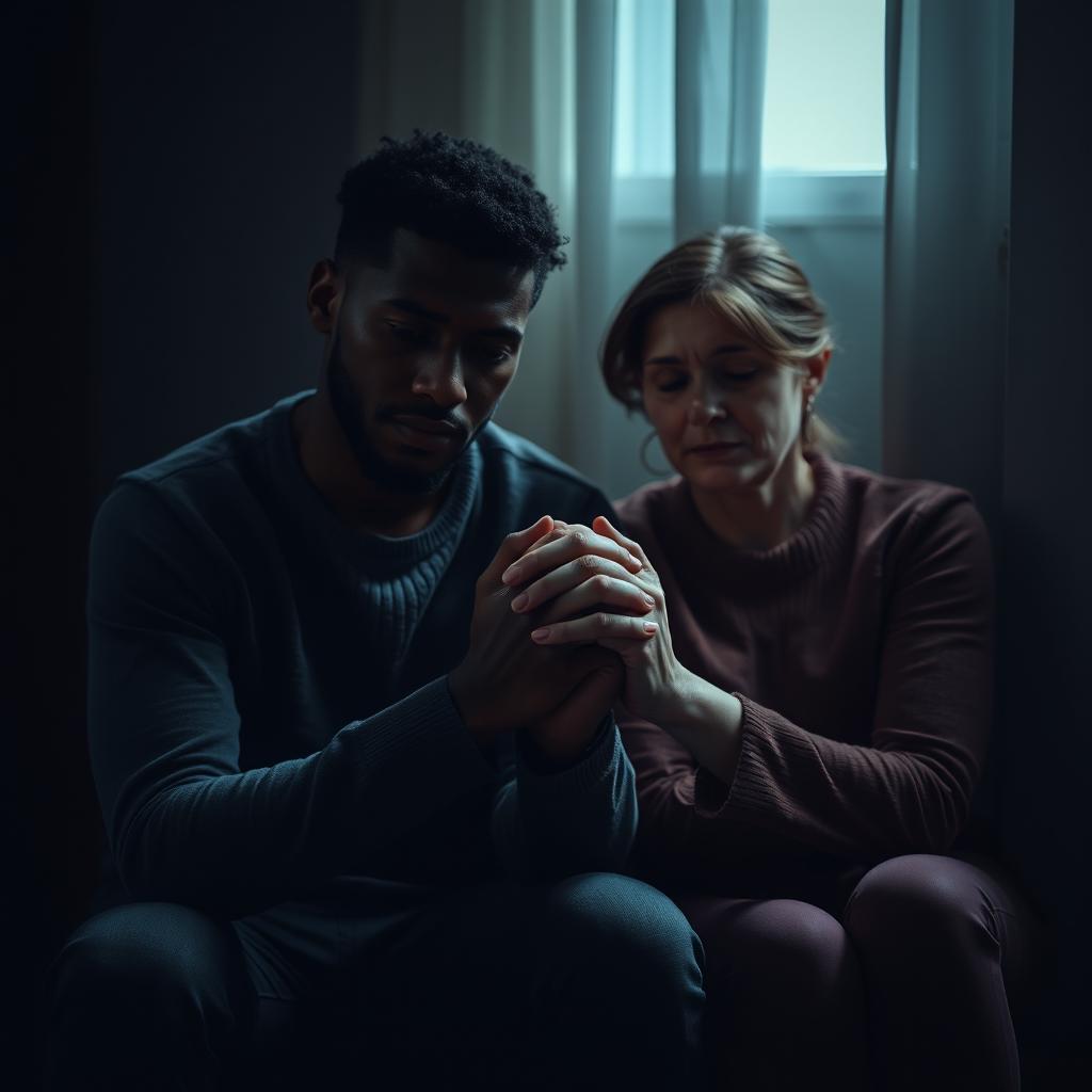 A poignant image of a biracial man and a white woman sitting in a dimly lit room, their hands held together, conveying a deep emotional connection