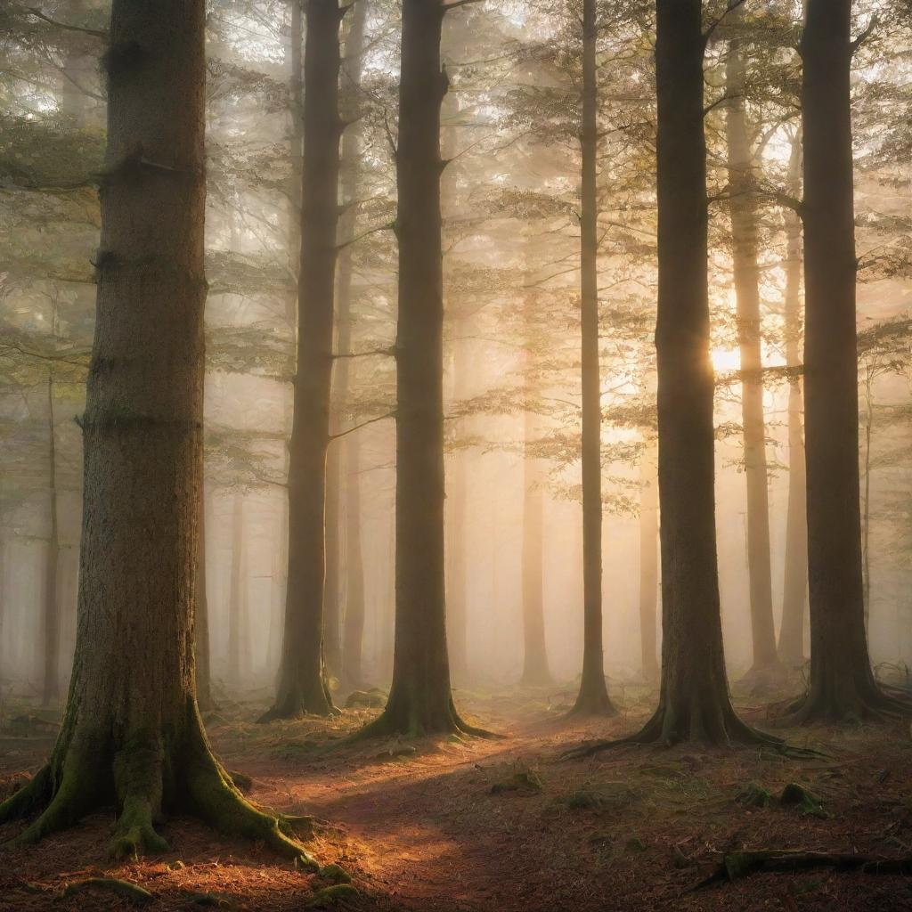 A beautiful mystic forest with towering old trees, bathed in the soft light of a setting sun